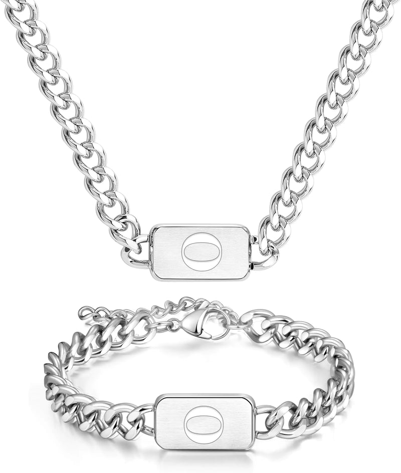 mens silver initial necklace bracelet Jewelery set for boy 2pcs Cuban chain Personalized name letters A-Z adjustable stainless steel link for men gift for him/her gift for boyfriend boys son