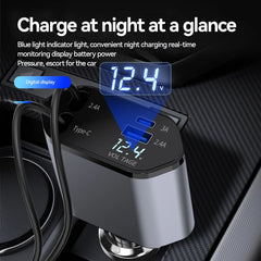 Car Charger, 4 in 1 Fast Charging Car Charger 120W, Retractable Cable and 2 USB Ports Car Charger Adapter Compatible