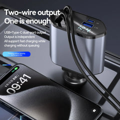 Car Charger, 4 in 1 Fast Charging Car Charger 120W, Retractable Cable and 2 USB Ports Car Charger Adapter Compatible
