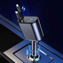 Retractable Car Charger, 4 in 1 Fast Charging Car Charger 120W, Retractable Cable and 2 USB Ports Car Charger Adapter Compatible