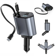Car Charger, 4 in 1 Fast Charging Car Charger 120W, Retractable Cable and 2 USB Ports Car Charger Adapter Compatible